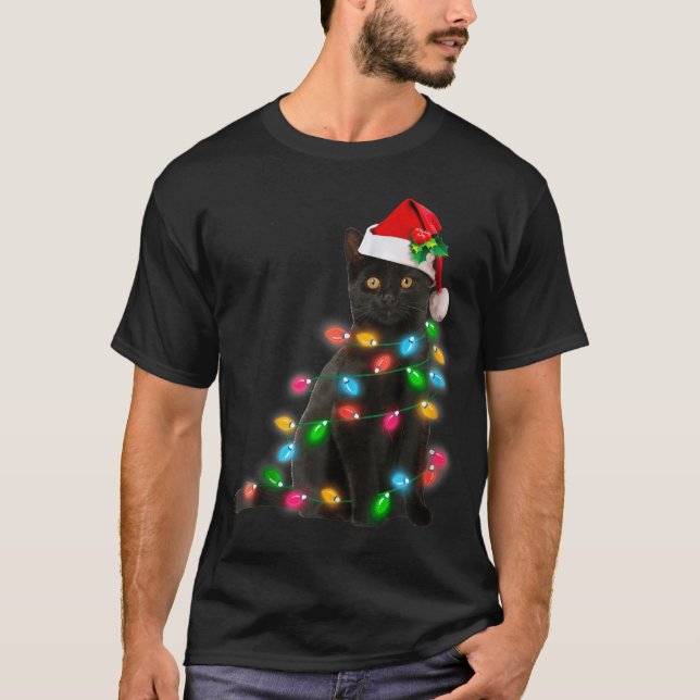 Black Cat Christmas Light Cat Lover Christmas  T-Shirt (Front)