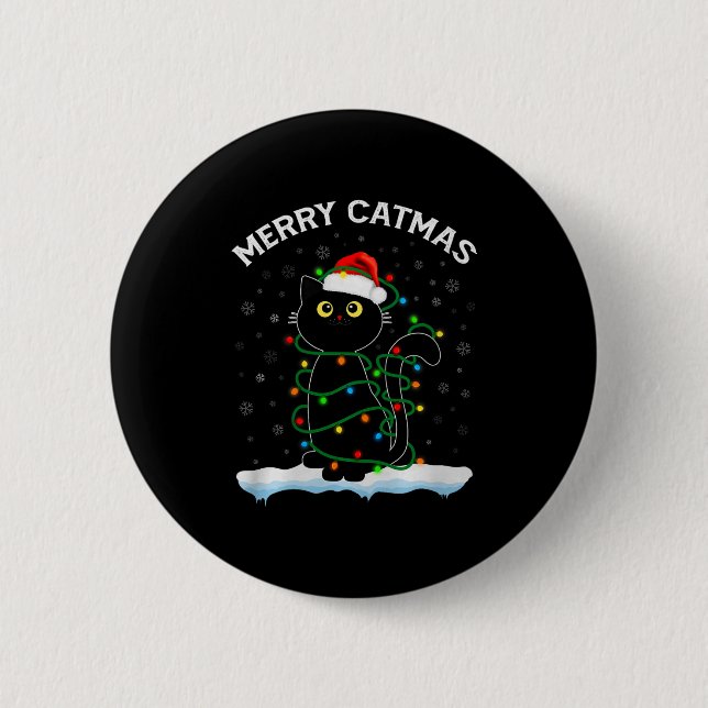 Black Cat Christmas Light Cat Wearing Santa Hat Me 6 Cm Round Badge (Front)