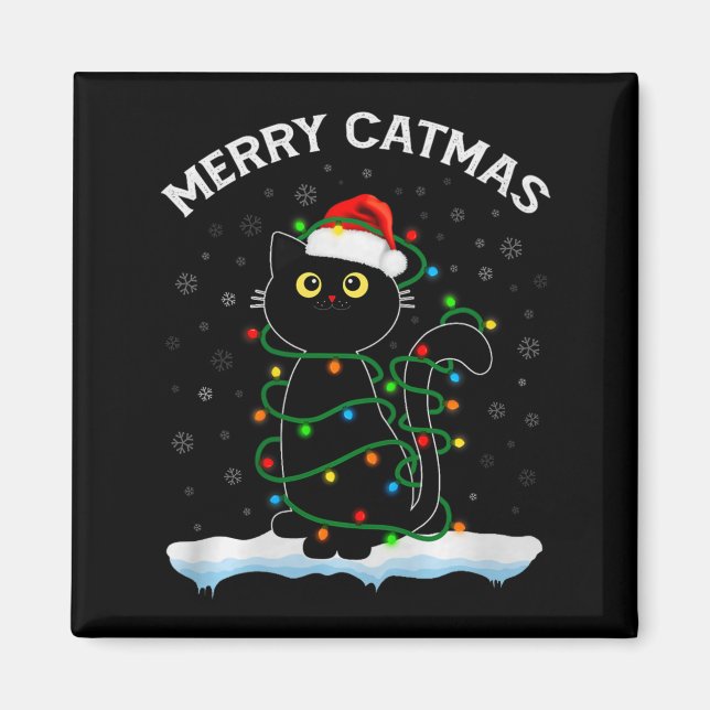 Black Cat Christmas Light Cat Wearing Santa Hat Me Magnet (Front)