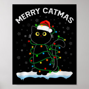 Black Cat Christmas Light Cat Wearing Santa Hat Me Poster