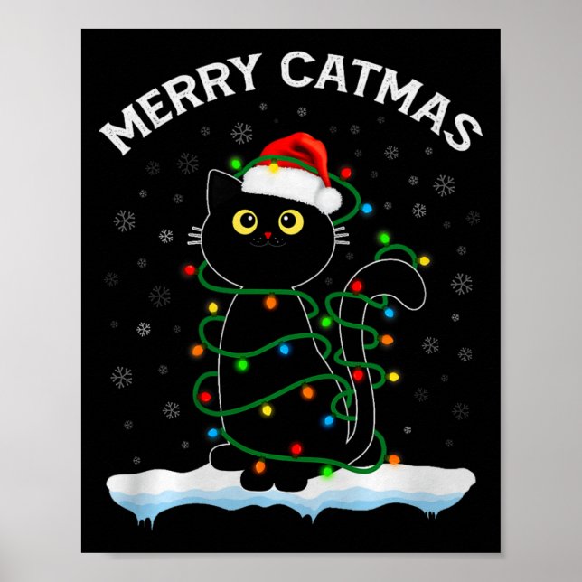 Black Cat Christmas Light Cat Wearing Santa Hat Me Poster (Front)