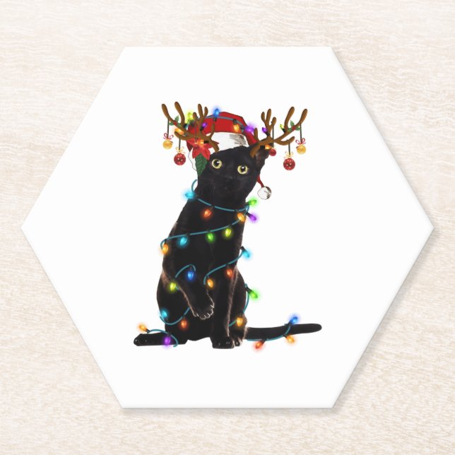 Black Cat Christmas Light Funny Cat Lover Xmas  Paper Coaster (Front)