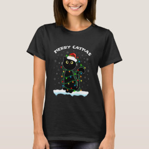 Black Cat Christmas Light Merry Catmas cat Wearing T-Shirt