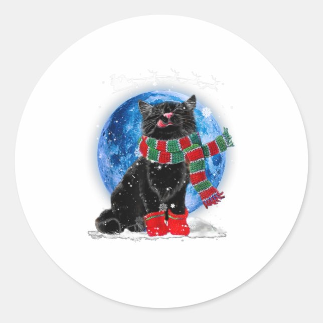 Black Cat Christmas Light Moon Blue Hol Classic Round Sticker (Front)