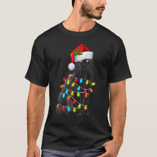 Black Cat Christmas Light Santa Hat  Cat  Xmas T-Shirt