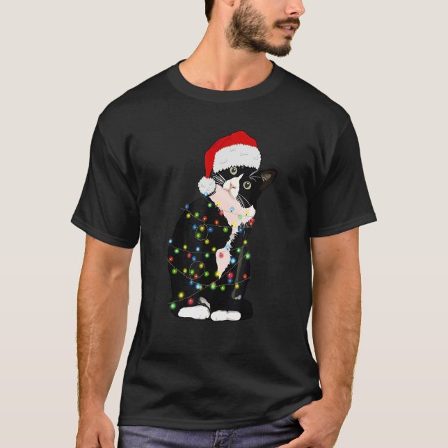 Black Cat Christmas Light Santa Hat  Cat  Xmas T-Shirt (Front)