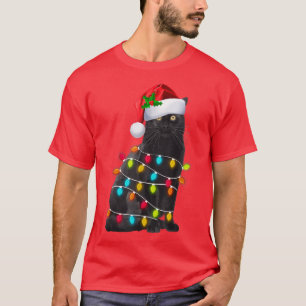 Black Cat Christmas Light Santa Hat Funny Cat Love T-Shirt