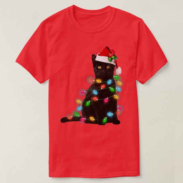 Black Cat christmas light t funny cat lover christ T-Shirt (Design Front)