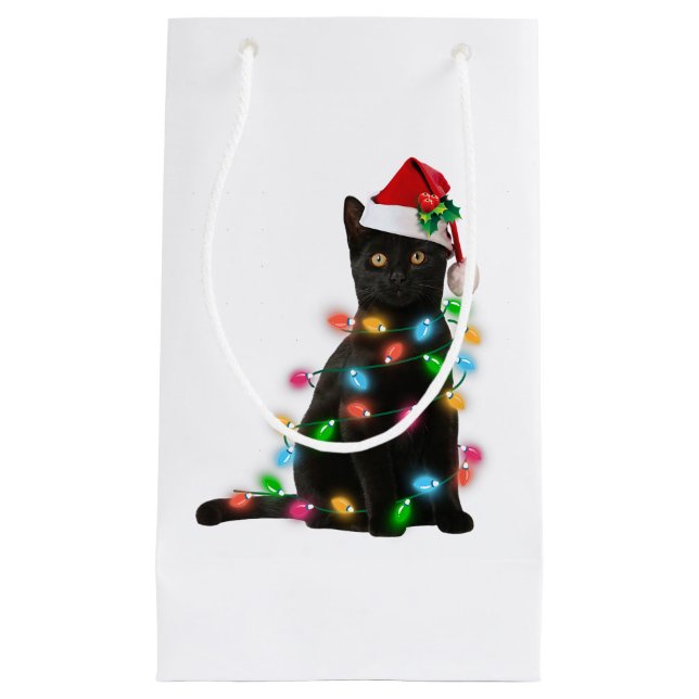 Black Cat christmas light tshirt funny cat lover c Small Gift Bag (Front)