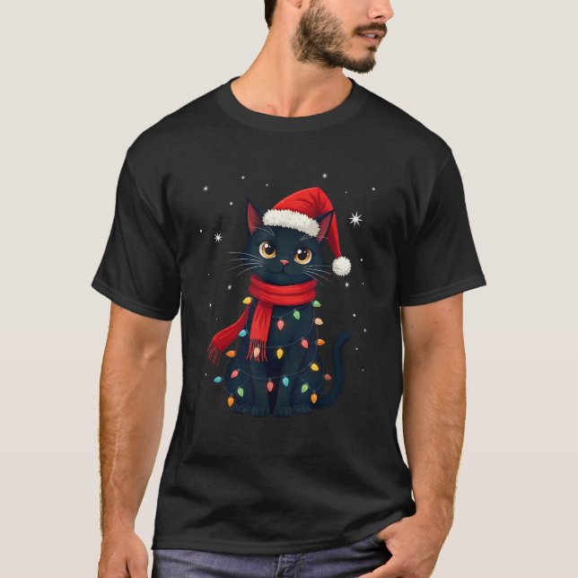 Black Cat Christmas Lights Cats Lover Xmas  T-Shirt (Front)
