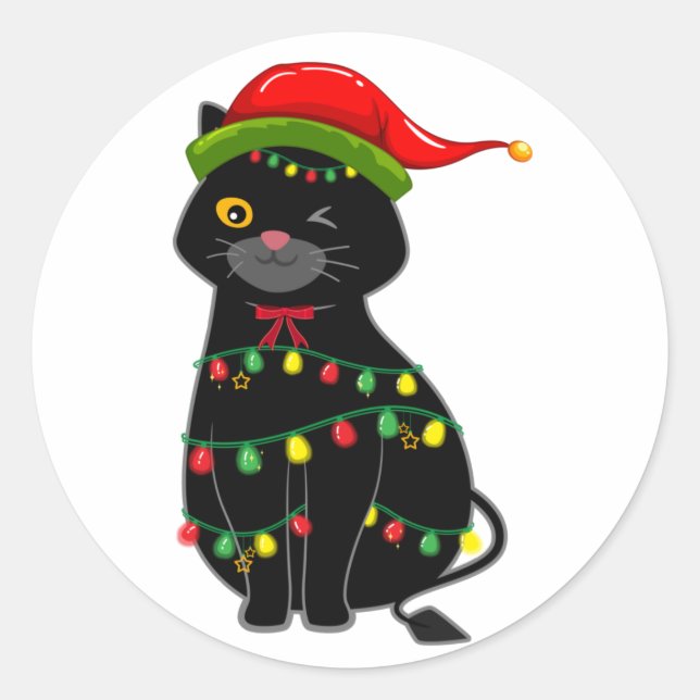 Black Cat christmas lights Classic Round Sticker (Front)