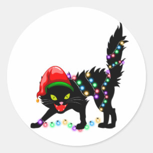 Black Cat christmas lights Classic Round Sticker