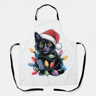 Black Cat Christmas Lights Funny Cat Lover Apron