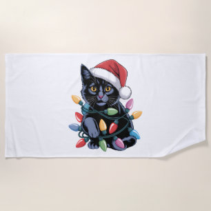 Black Cat Christmas Lights Funny Cat Lover Beach Towel