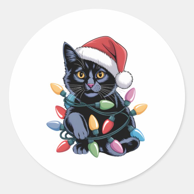 Black Cat Christmas Lights Funny Cat Lover Classic Round Sticker (Front)