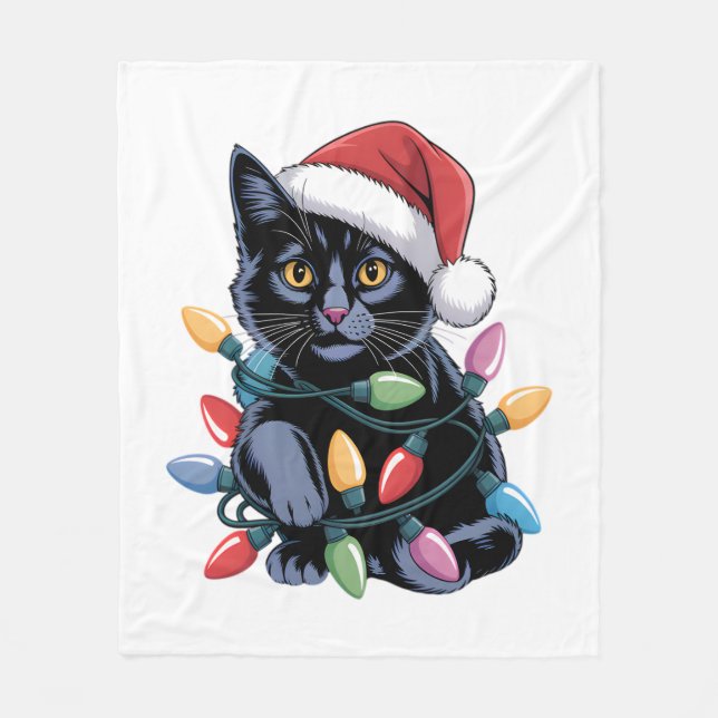 Black Cat Christmas Lights Funny Cat Lover Fleece Blanket (Front)