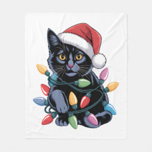 Black Cat Christmas Lights Funny Cat Lover Fleece Blanket