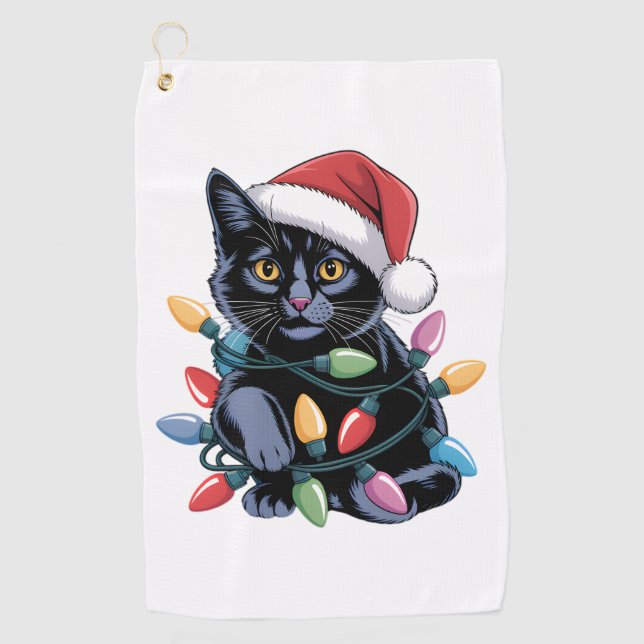 Black Cat Christmas Lights Funny Cat Lover Golf Towel (Front)