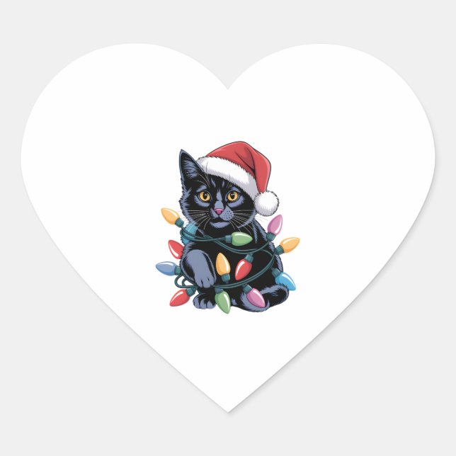 Black Cat Christmas Lights Funny Cat Lover Heart Sticker (Front)
