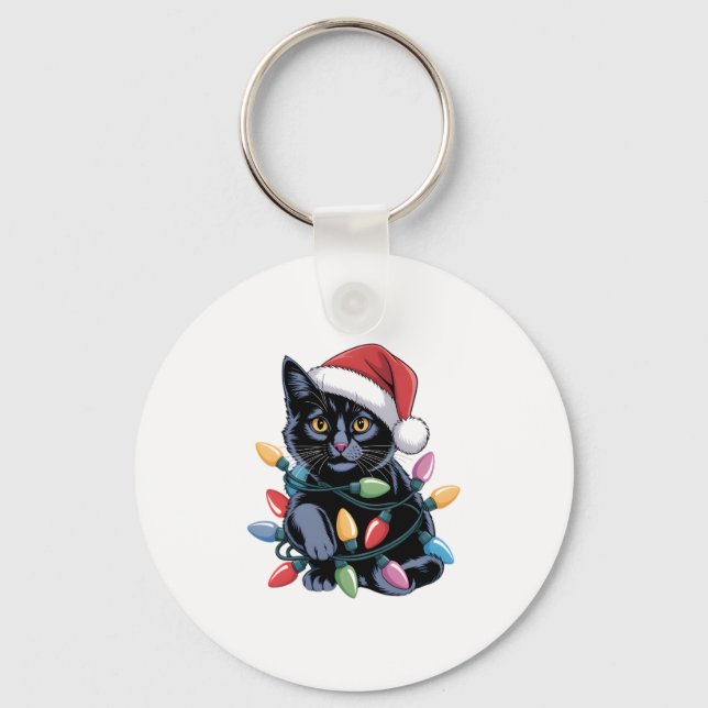 Black Cat Christmas Lights Funny Cat Lover Key Ring (Front)