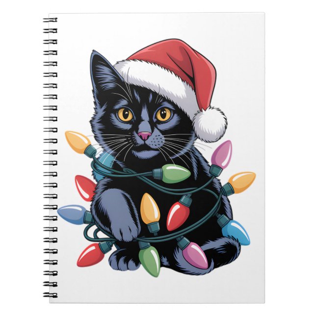 Black Cat Christmas Lights Funny Cat Lover Notebook (Front)