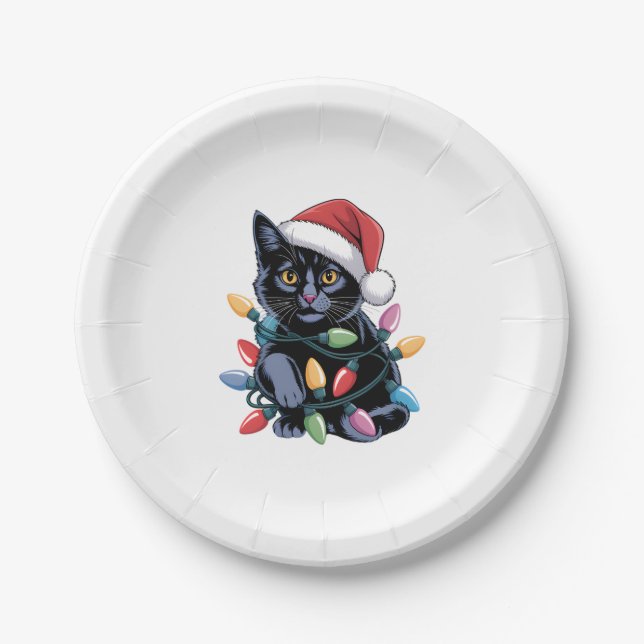 Black Cat Christmas Lights Funny Cat Lover Paper Plate (Front)