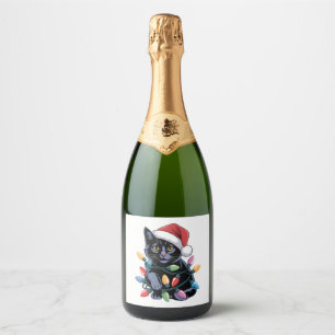 Black Cat Christmas Lights Funny Cat Lover Sparkling Wine Label