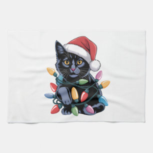 Black Cat Christmas Lights Funny Cat Lover Tea Towel