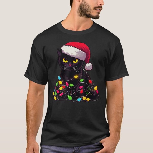 Black Cat Christmas Lights Funny Cat Lover Xmas Sa T-Shirt (Front)