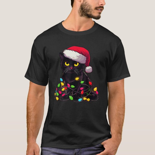 Black Cat Christmas Lights Funny Cat Lover Xmas Sa T-Shirt (Front)