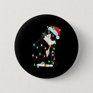 Black Cat Christmas Lights Funny Santa Hat Black C 6 Cm Round Badge