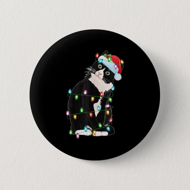 Black Cat Christmas Lights Funny Santa Hat Black C 6 Cm Round Badge (Front)