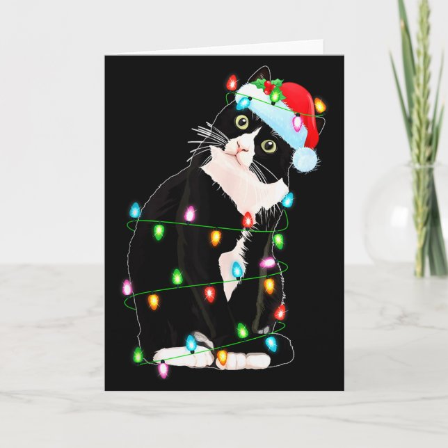 Black Cat Christmas Lights Funny Santa Hat Black C Card (Front)
