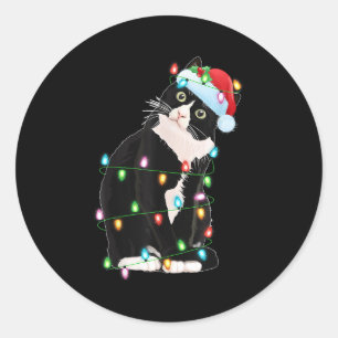 Black Cat Christmas Lights Funny Santa Hat Black C Classic Round Sticker