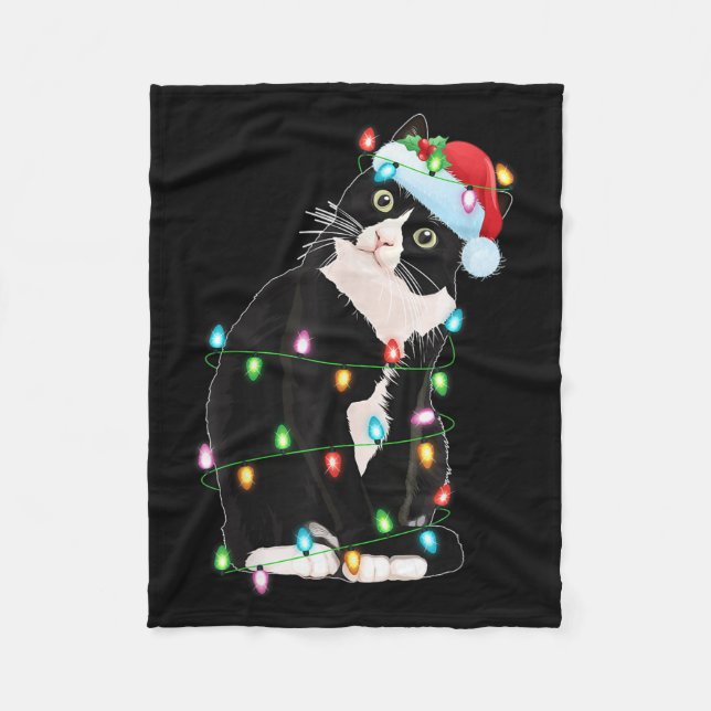 Black Cat Christmas Lights Funny Santa Hat Black C Fleece Blanket (Front)