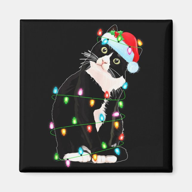 Black Cat Christmas Lights Funny Santa Hat Black C Magnet (Front)