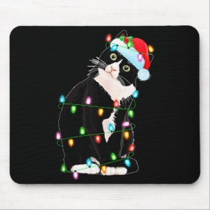 Black Cat Christmas Lights Funny Santa Hat Black C Mouse Mat