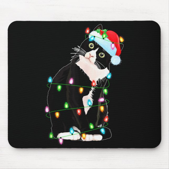 Black Cat Christmas Lights Funny Santa Hat Black C Mouse Mat (Front)