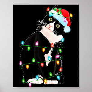 Black Cat Christmas Lights Funny Santa Hat Black C Poster