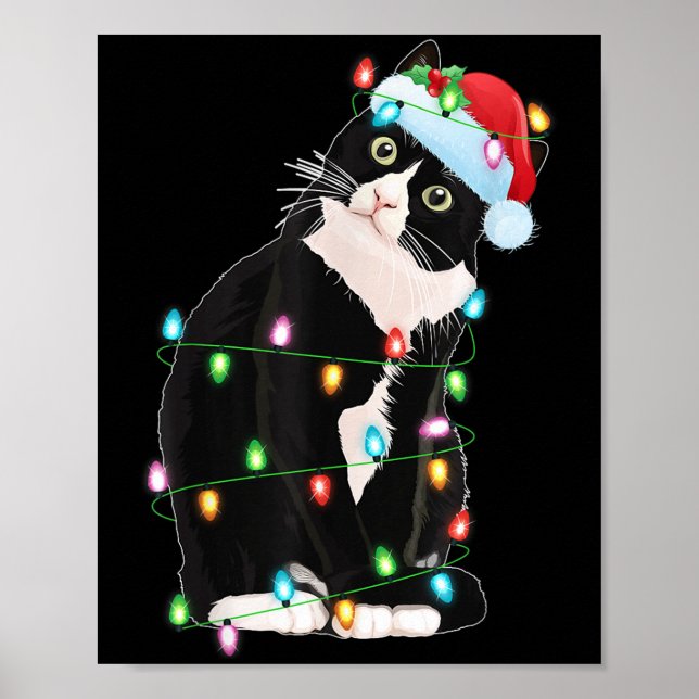 Black Cat Christmas Lights Funny Santa Hat Black C Poster (Front)