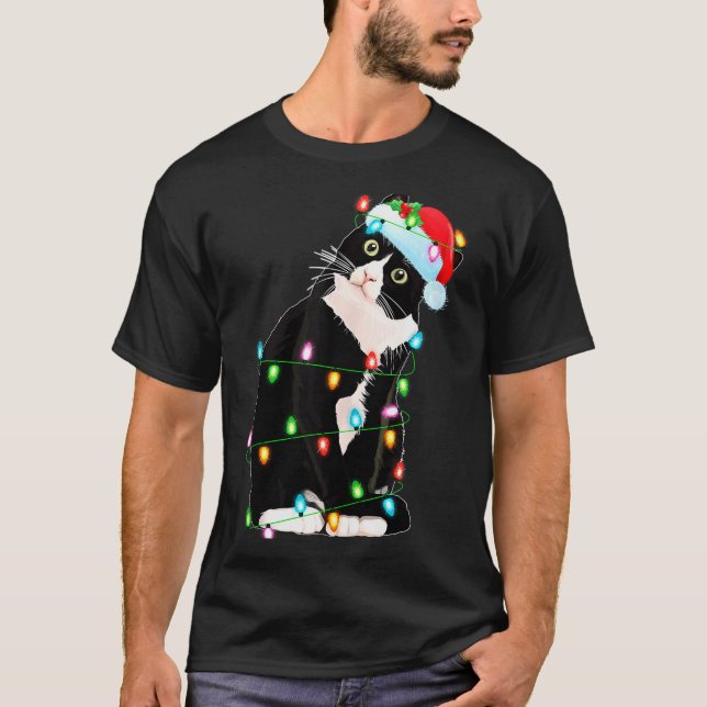 Black Cat Christmas Lights Funny Santa Hat Black C T-Shirt (Front)