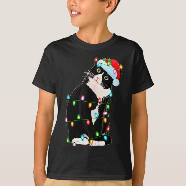 Black Cat Christmas Lights Funny Santa Hat Black C T-Shirt (Front)