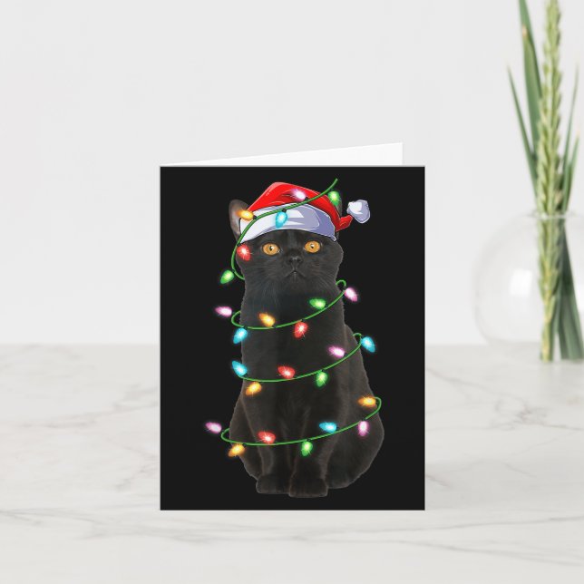Black Cat Christmas Lights Funny Santa Hat Cat Xma Card (Front)