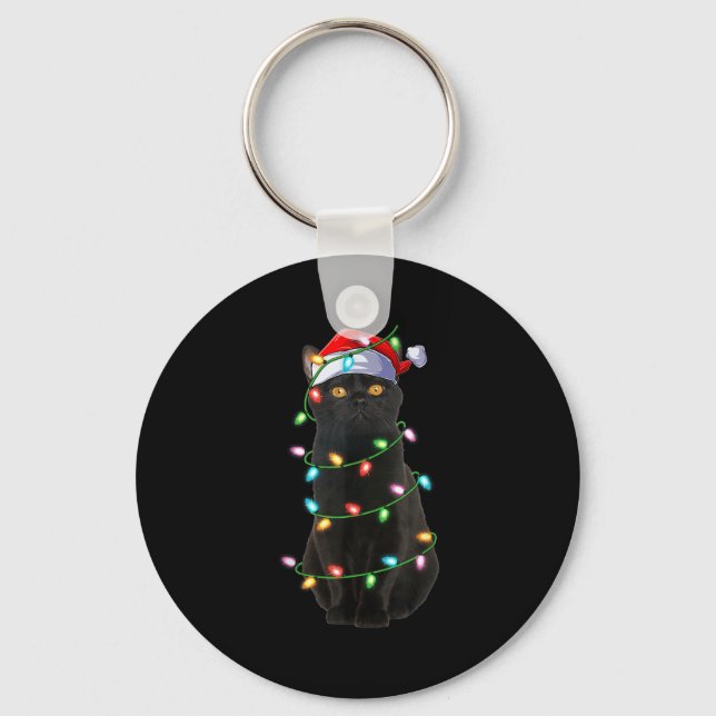 Black Cat Christmas Lights Funny Santa Hat Cat Xma Key Ring (Front)