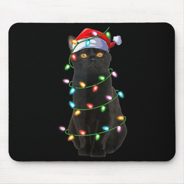 Black Cat Christmas Lights Funny Santa Hat Cat Xma Mouse Mat (Front)