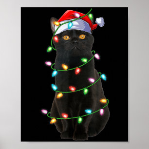 Black Cat Christmas Lights Funny Santa Hat Cat Xma Poster