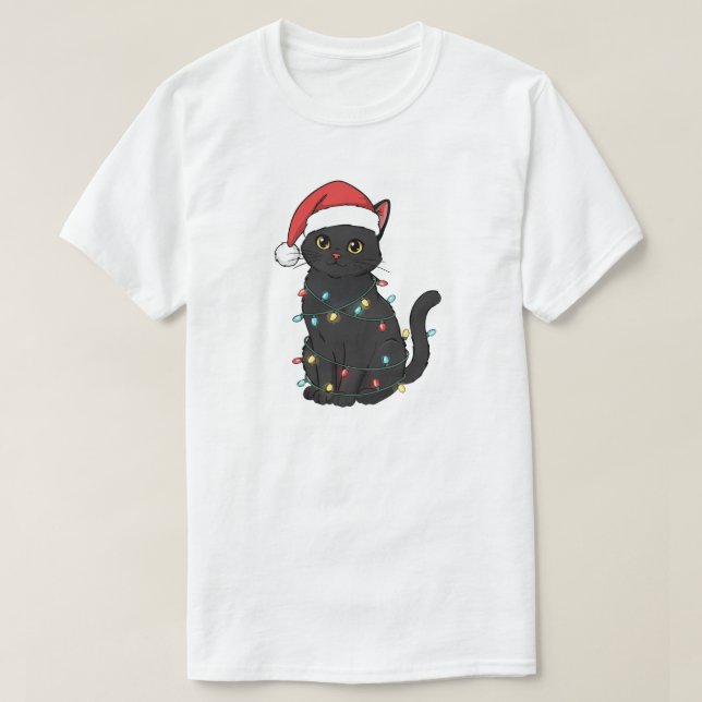 Black Cat Christmas Lights – Funny Santa Kitten  T-Shirt (Design Front)