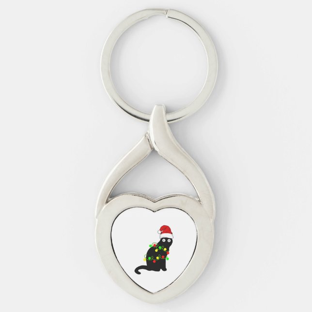 Black Cat Christmas Lights Key Ring (Front)