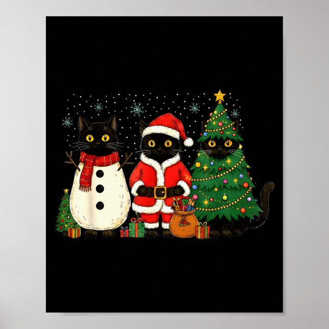 Black Cat Christmas Lights Reindeer Santa Meowy Ca Poster (Front)