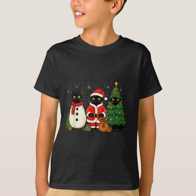Black Cat Christmas Lights Reindeer Santa Meowy Ca T-Shirt (Front)